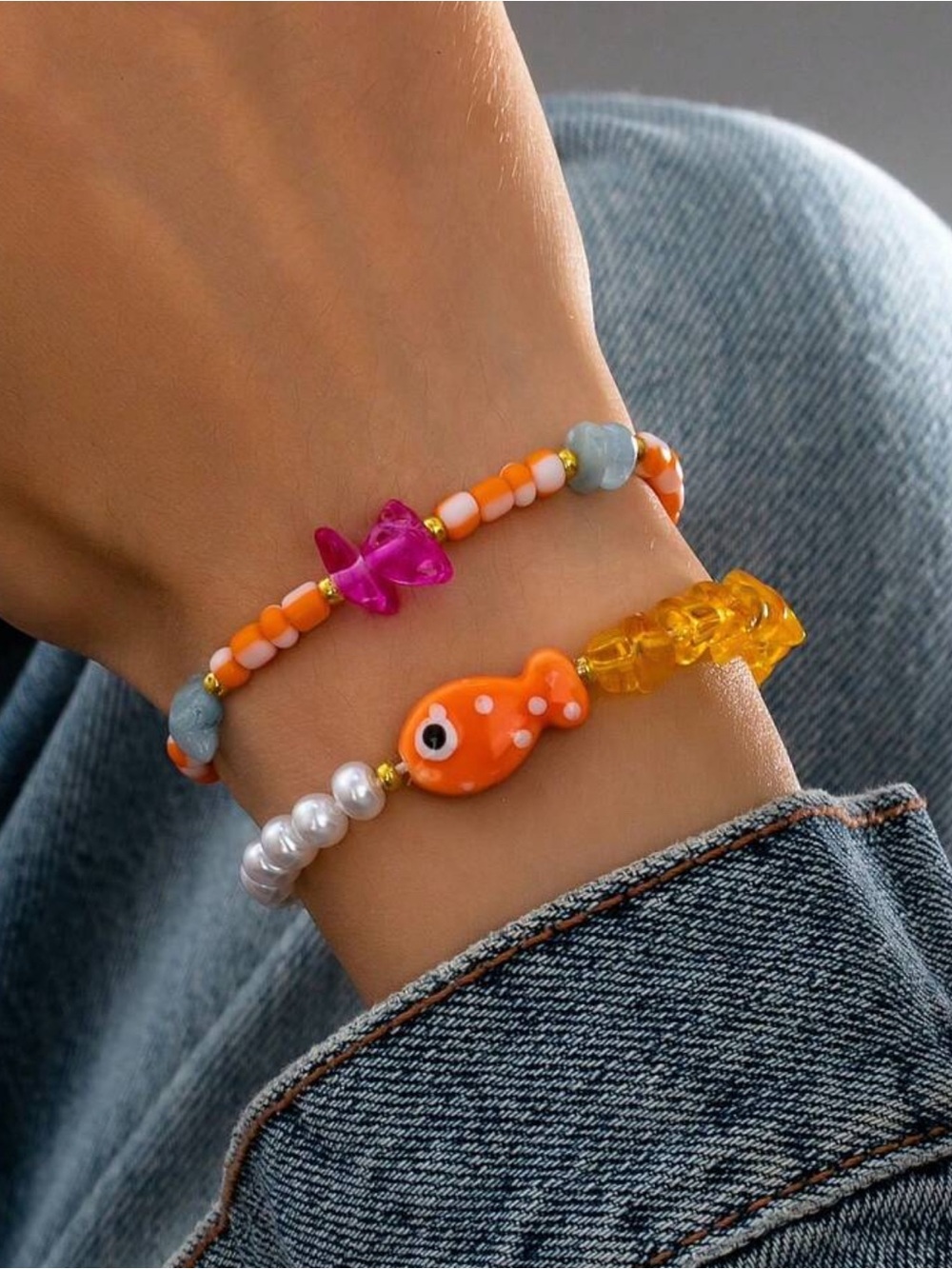 Orange Beaded Fish Charm Bracelet set A1672